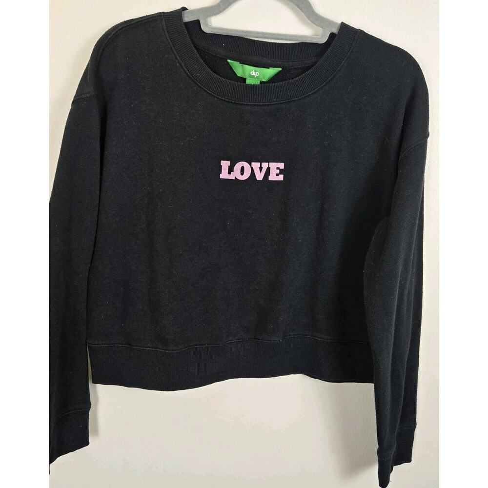 Dip Cropped LOVE Sweatshirt Long Sleeve Retro Y2K Grunge Moto Hipster Black LARG